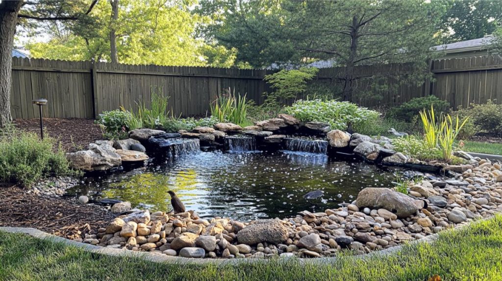 A bird checking out a man-made pond in the backyard