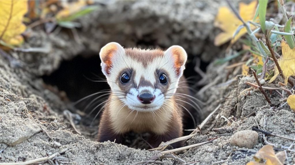 A black footed ferret emerging from the ground