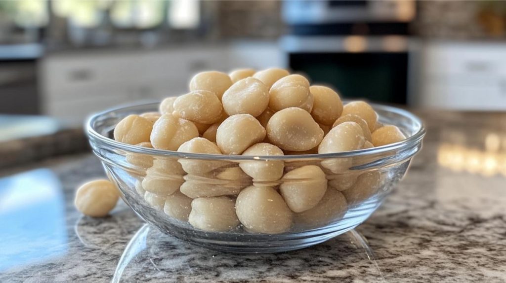 A bowl of macadamia nuts on the kitchen counter