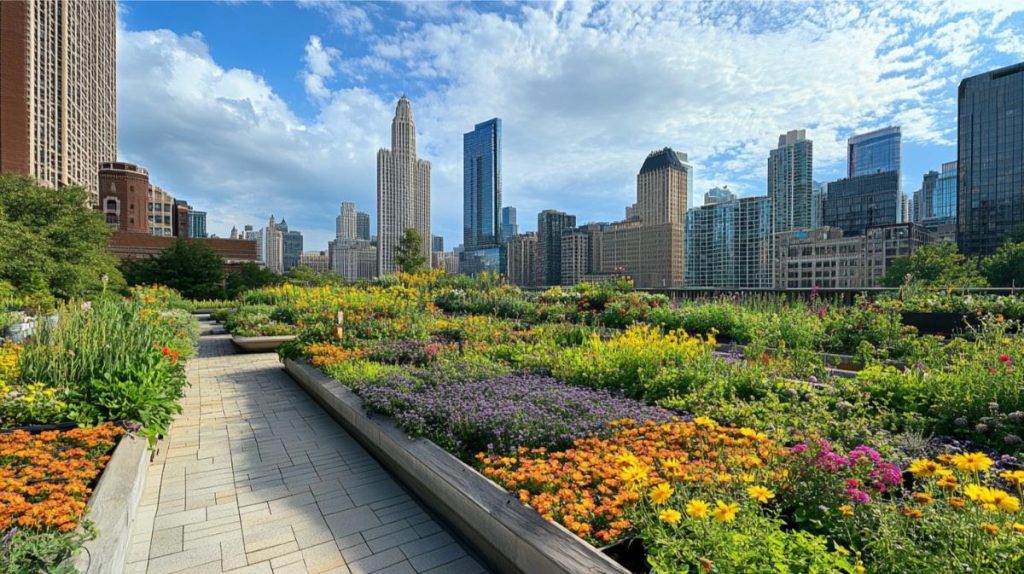 A city rooftop with garden beds