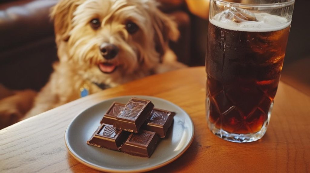 A curious dog looking at a plate of chocolate next to a glass of soda