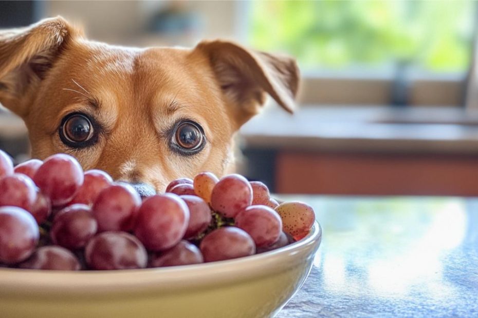 A curious dog up on the counter checking out a bowl full of grapes