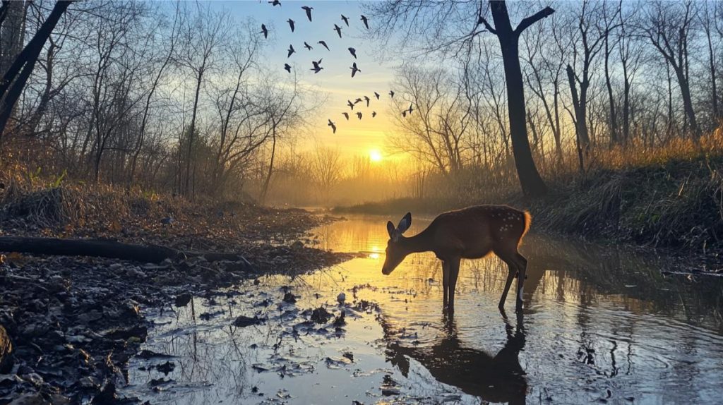 A deer drinking from a stream with birds flying above