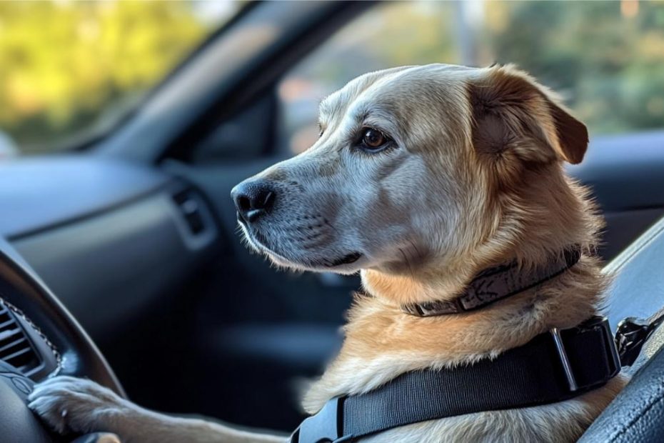 A dog buckled into the driver's seat of a car