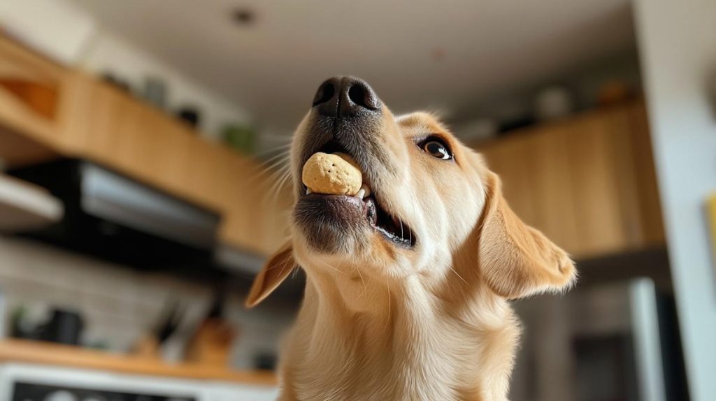 A dog catching a treat