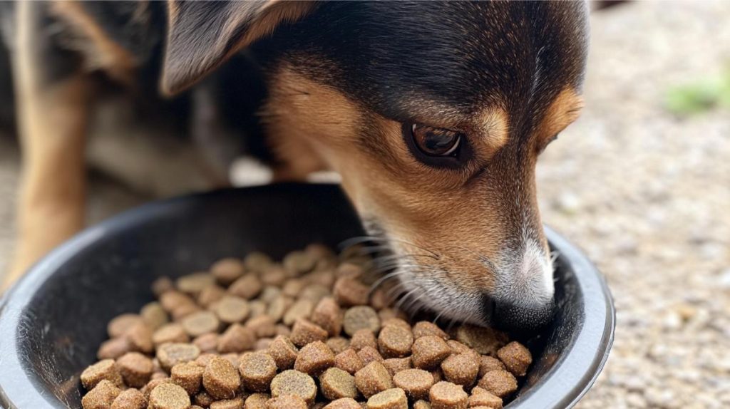 A dog eating out of his bowl