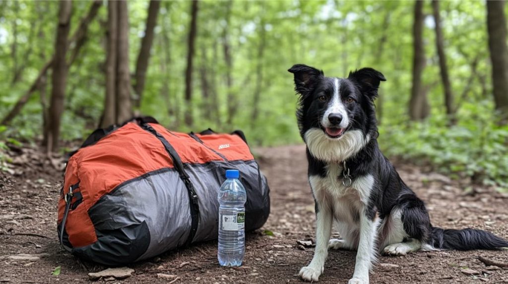 A dog next to a camping bag and water bottle on a hiking trail