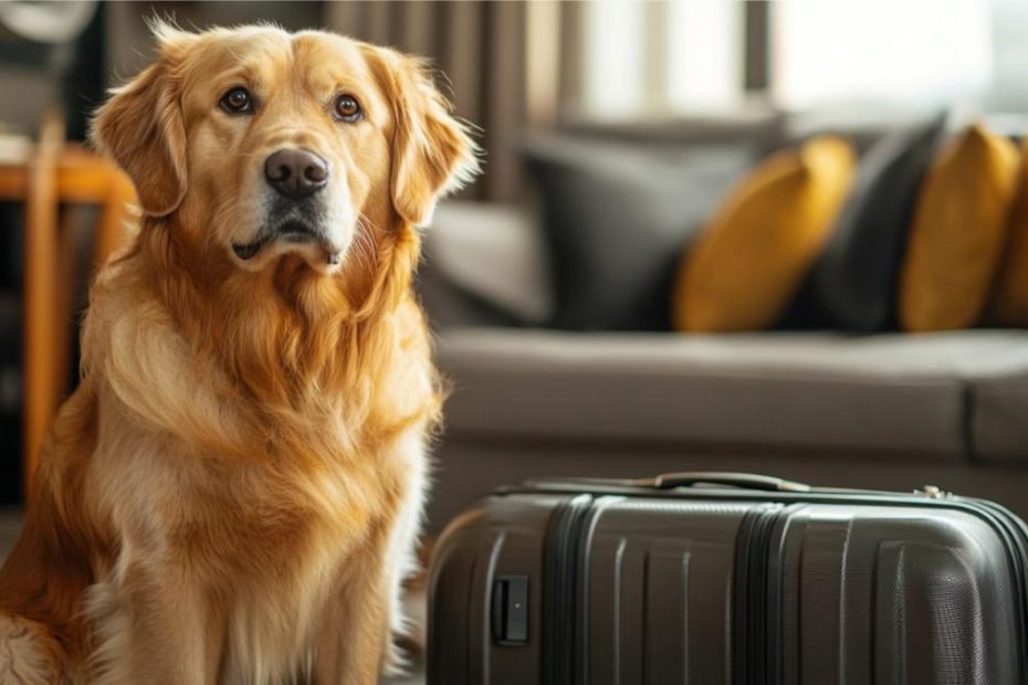 A dog next to a suitcase ready for vacation