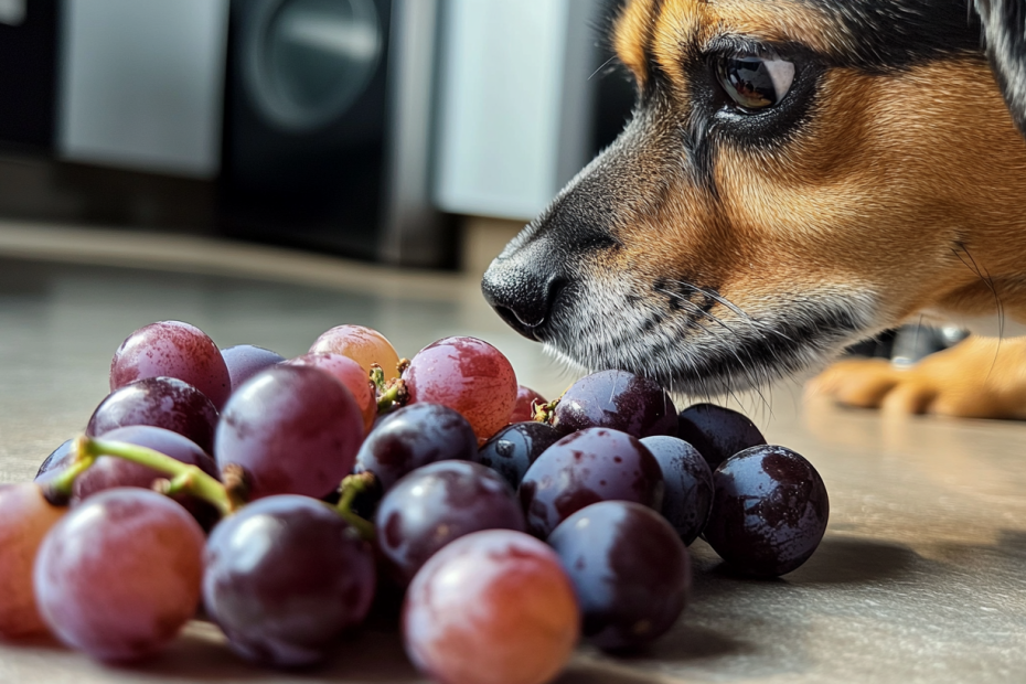 A dog sniffing grapes that fell on the kitchen floor