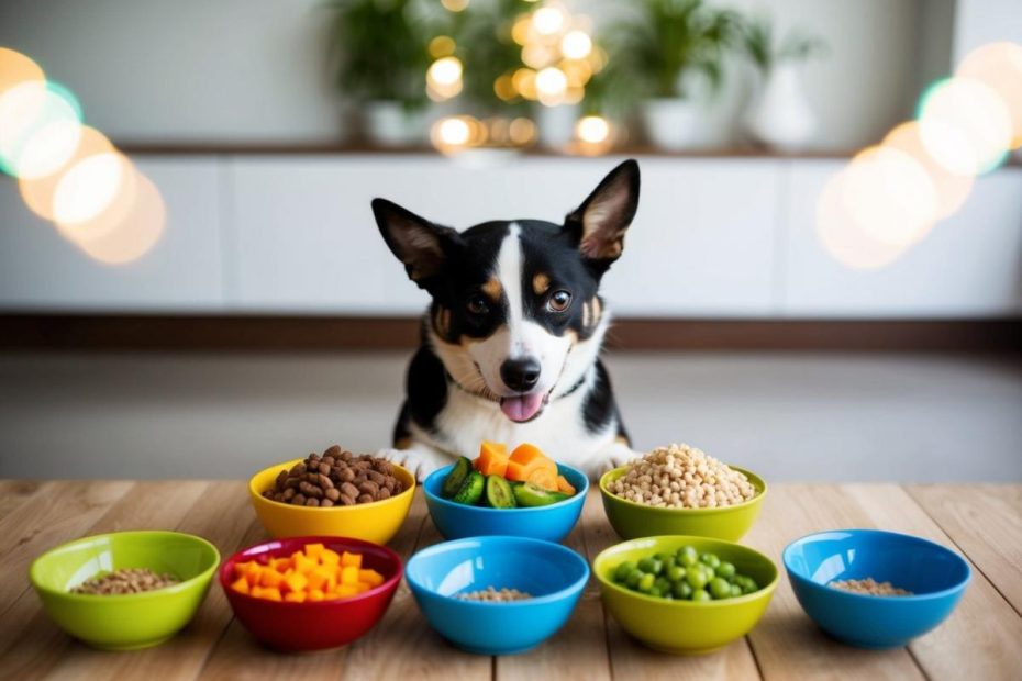 A dog with various food options in bowls in front of him