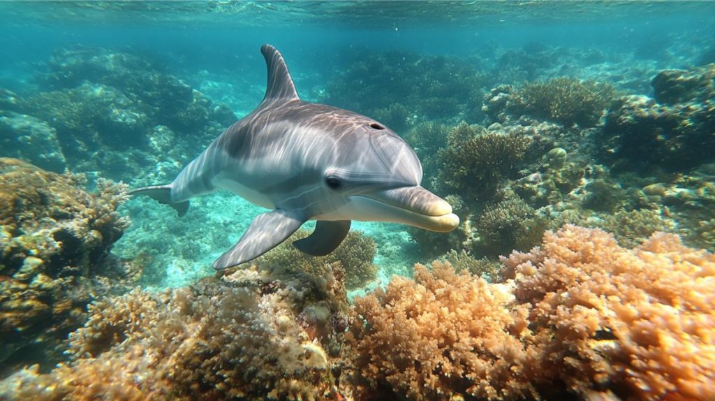 A dolphin swimming near a coral reef