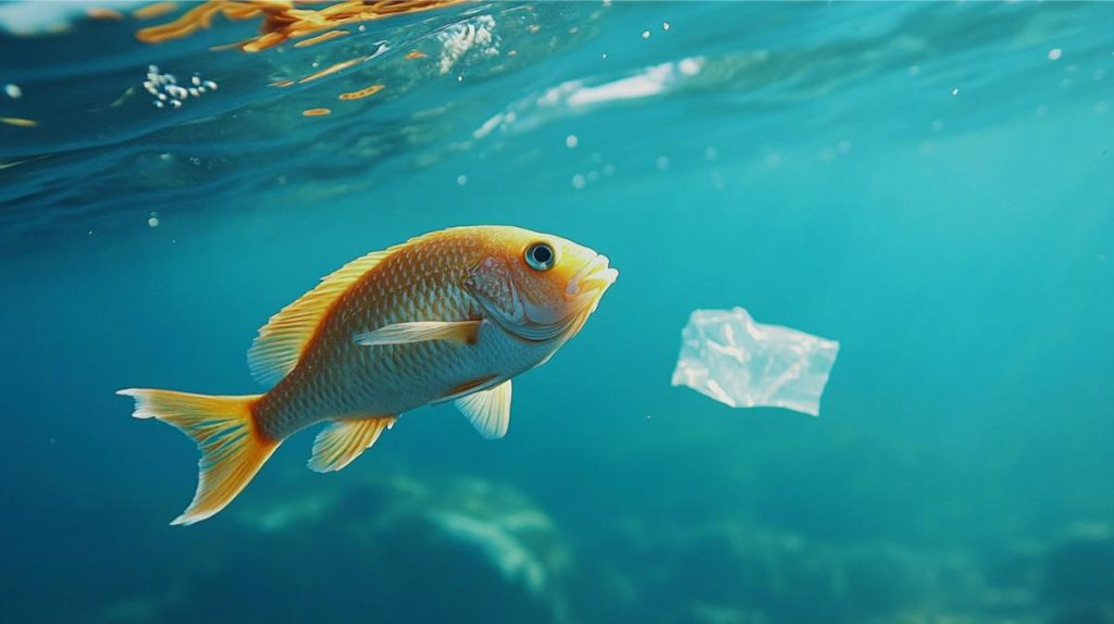 A fish swimming near a piece of plastic trash that was thrown into the water