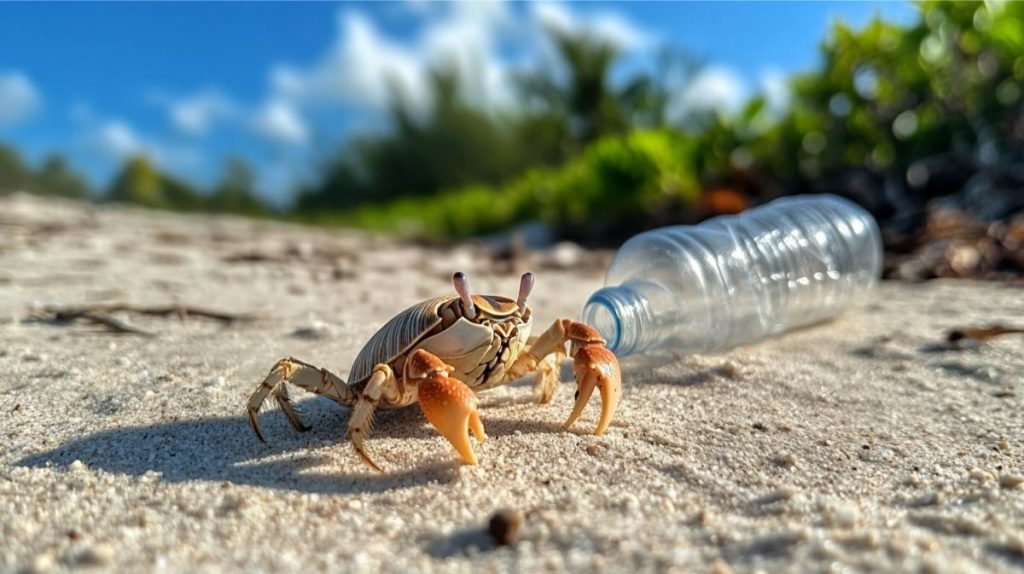 A hermit crab near a plastic bottle left on the beach