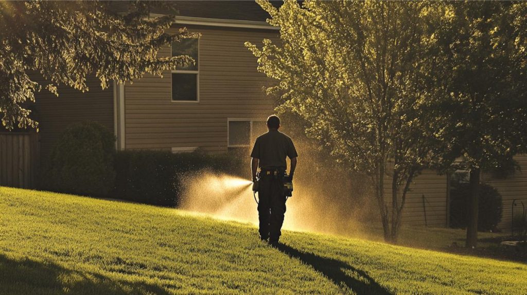 A lawn care worker spraying chemicals