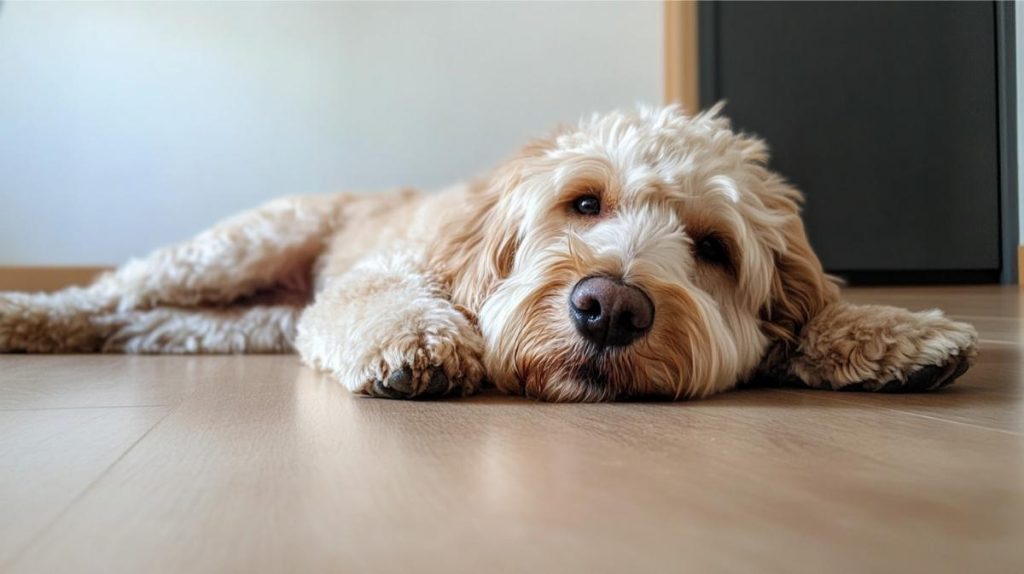 A lethargic dog laying on the floor