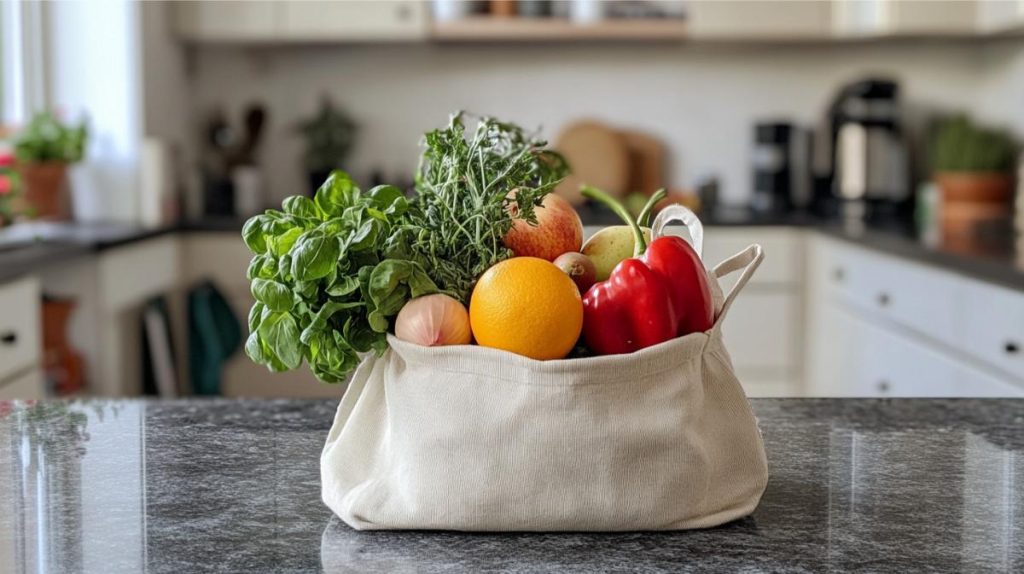 A reusable cloth bag full of produce