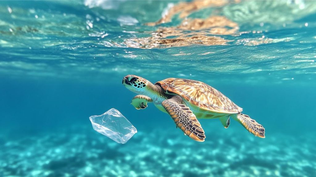 A sea turtle swimming near a plastic bag in the ocean