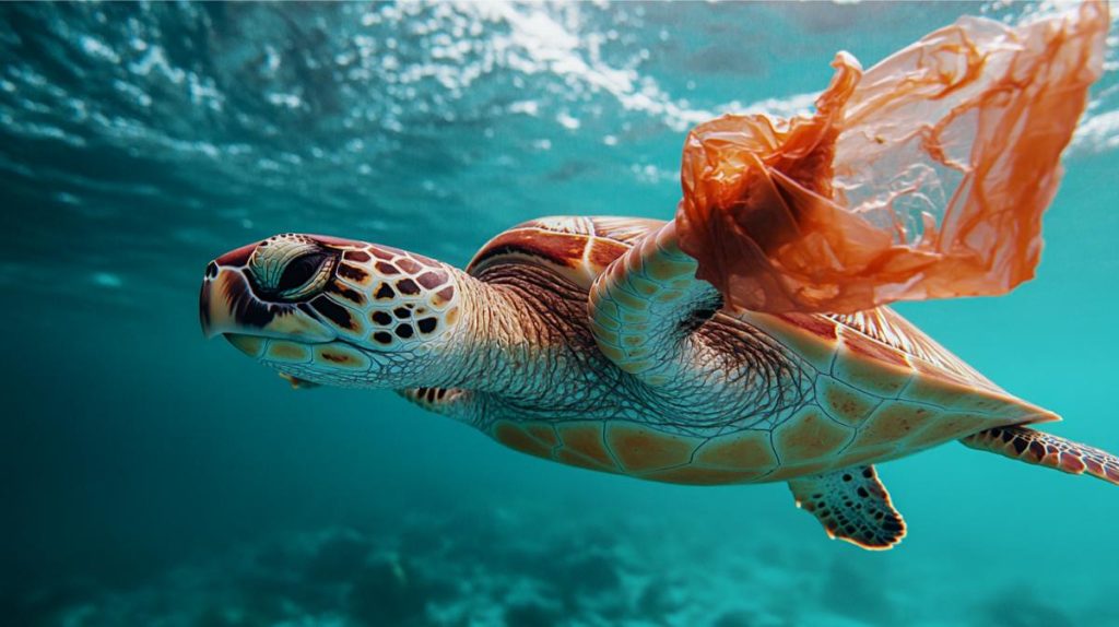 A sea turtle with a piece of plastic stuck on one of its flippers