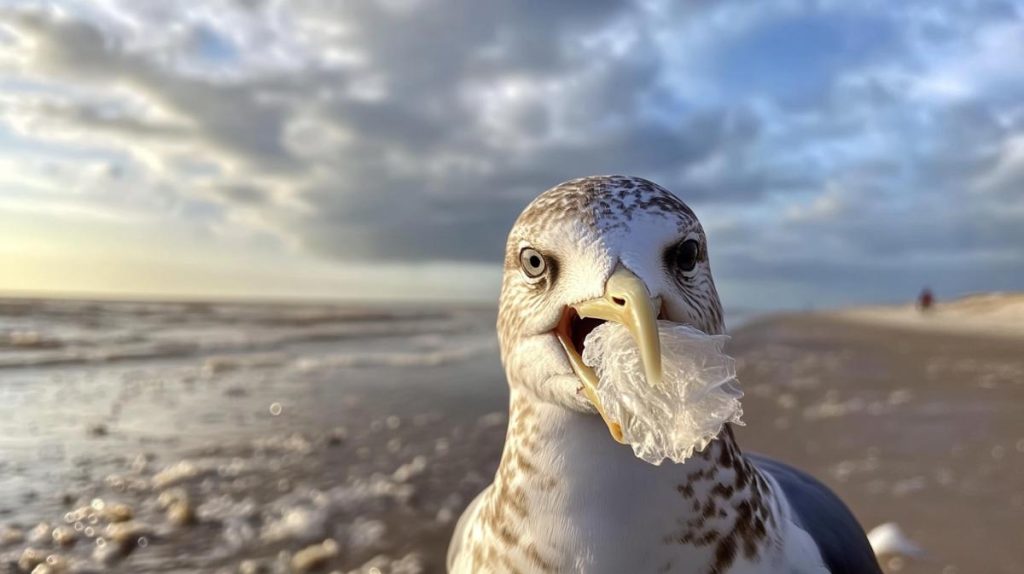 A seagull with plastic trash in its beak