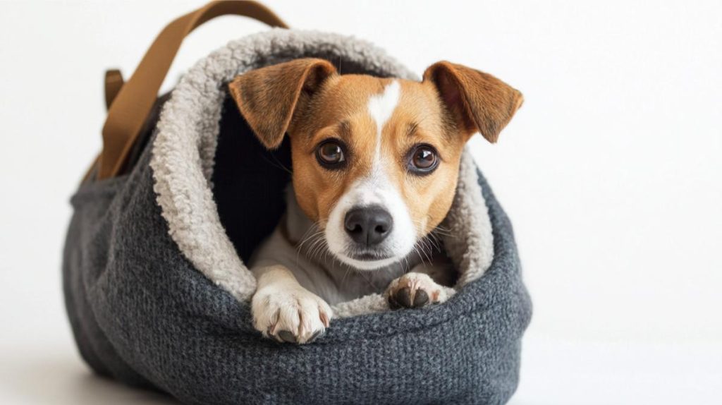 A small dog in a handmade carrier