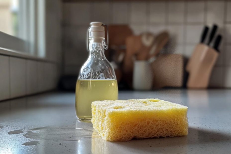 A sponge and natural cleaning solution sitting on a counter