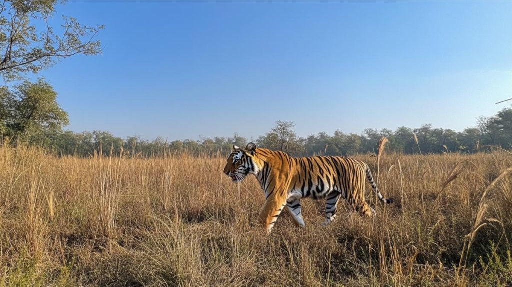 A tiger roaming in a wildlife reserve