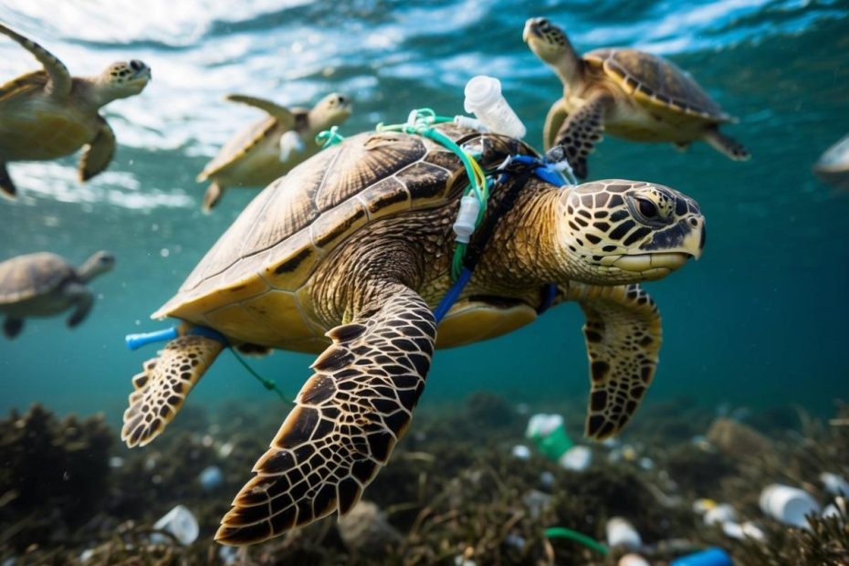 A turtle tangled in plastic