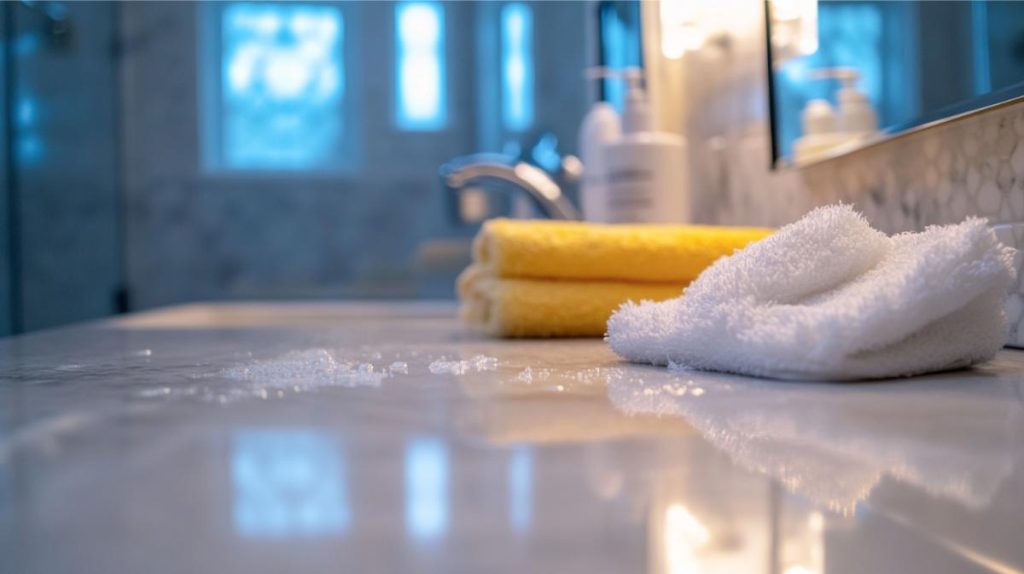 A washcloth to scrub a bathroom counter