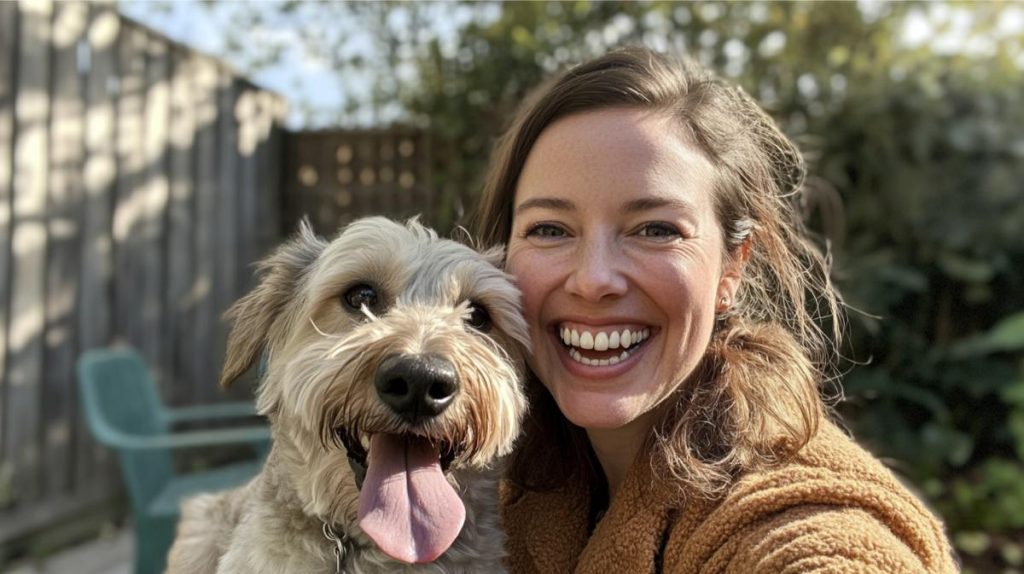 A woman in her 40s with her emotional support dog in the backyard