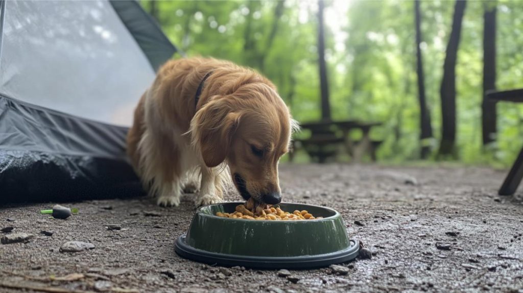 A yellow lab eating out of a dog food bowl while at a campground