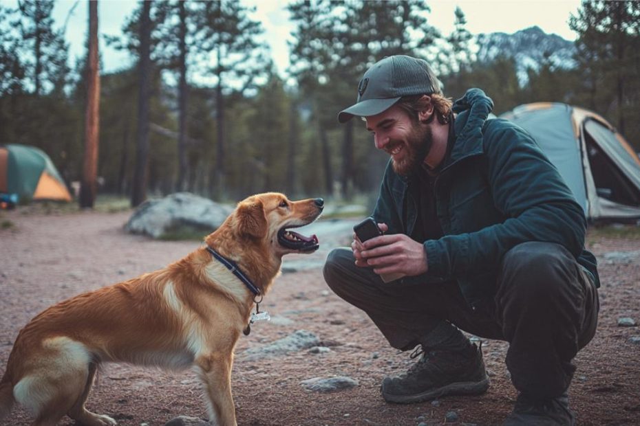 A young man and his dog on a tent camping trip together