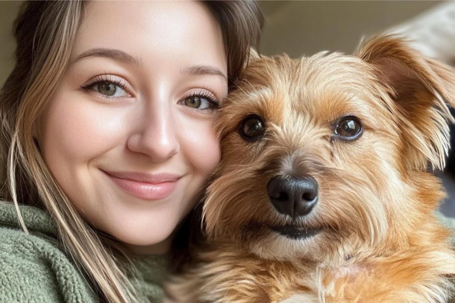 A young woman and her emotional support terrier mix