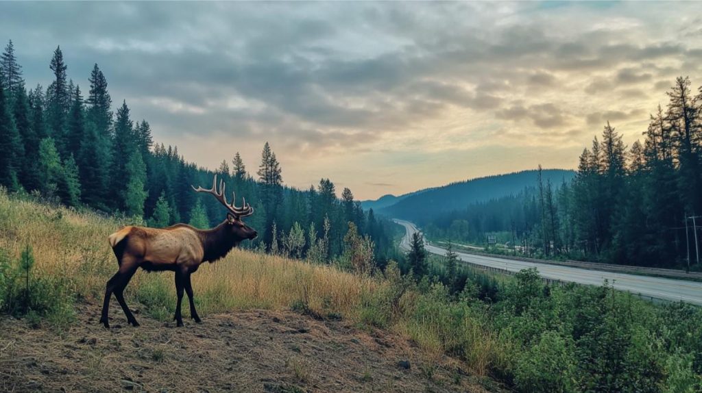 An elk approaching a roadway