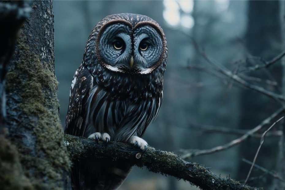 An owl perched on a branch in the forest