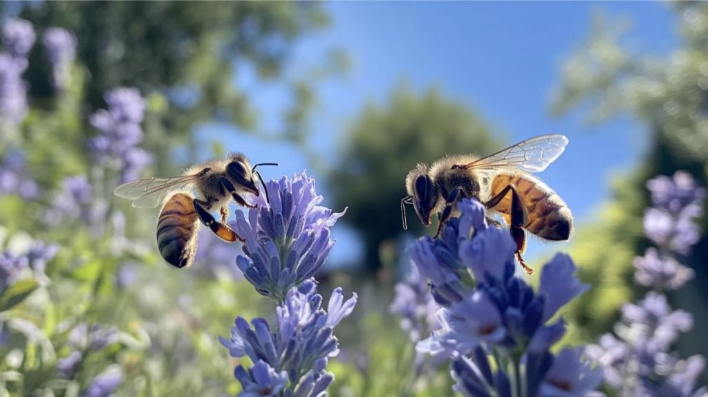 Bees pollinating flowers