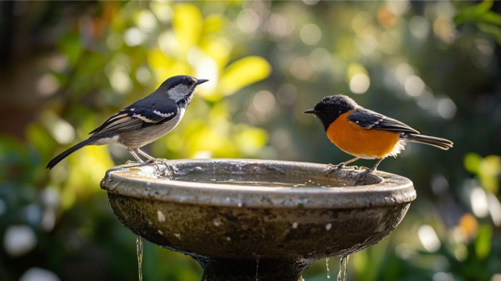 Birds enjoying a birdbath