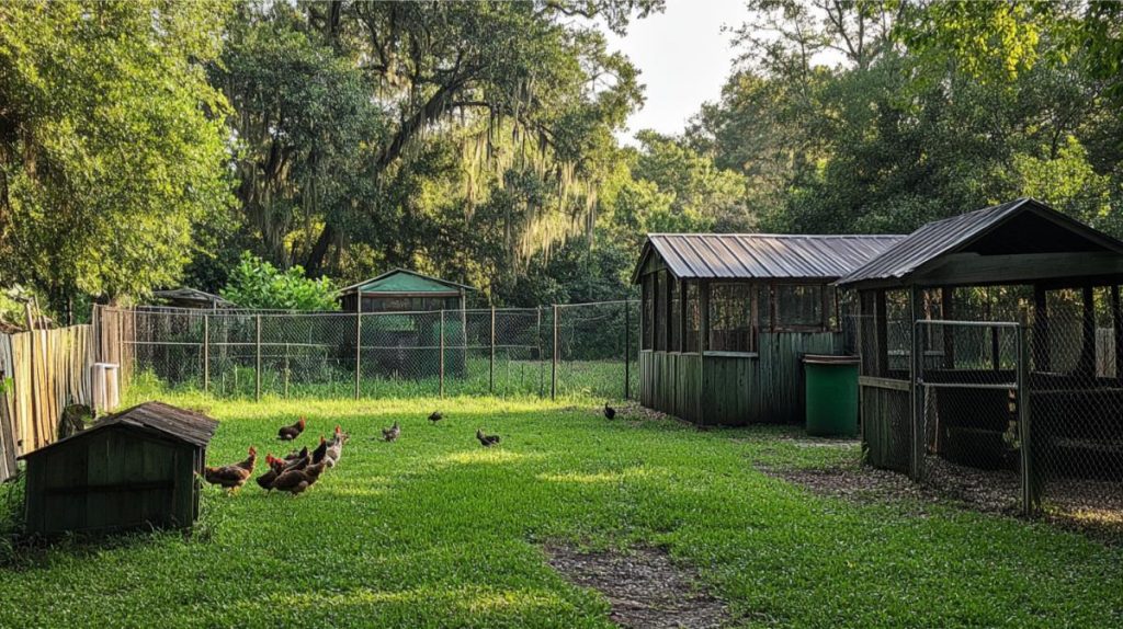 Chickens roaming free in a fenced in area in the backyard