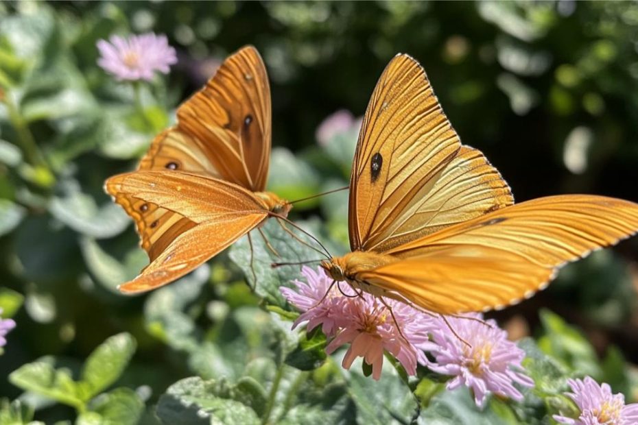 Close up shot of a couple of butterflies on flowers in the backyard