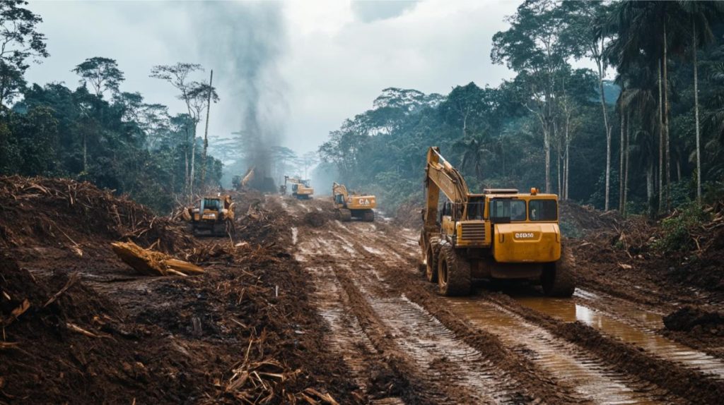 Large vehicles clearing trees