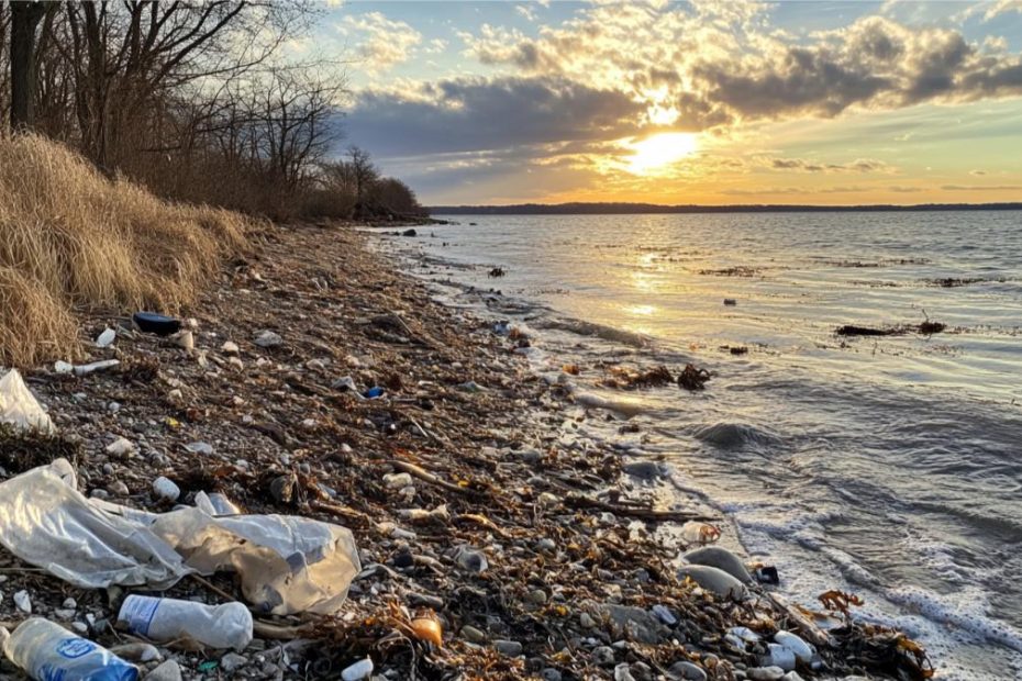 Plastic waste on the shoreline of the ocean