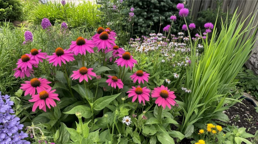 Pollinator-friendly plants like verbena and coneflower