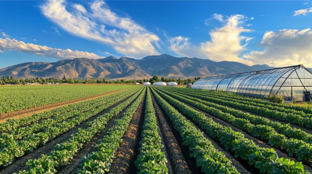 Rows of crops growing at a modern farm