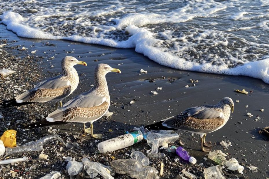 Seagulls on a beach polluted with plastic