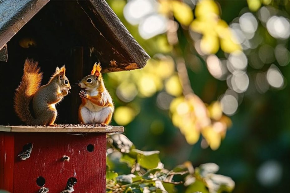 Squirrels on a backyard bird feeder