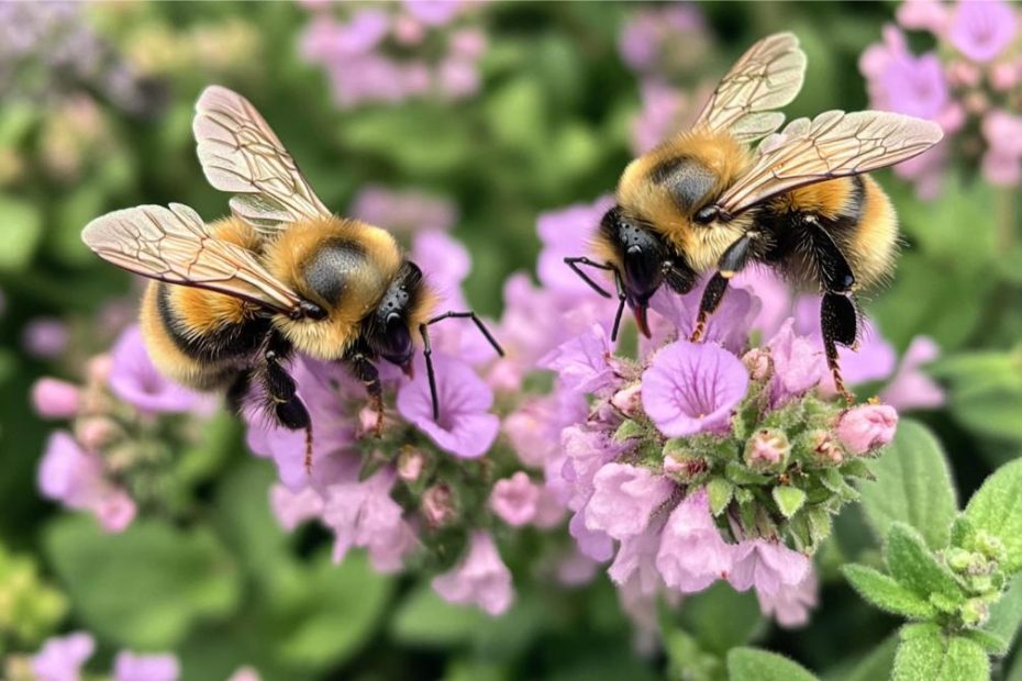 Two bees pollinating flowers in the garden