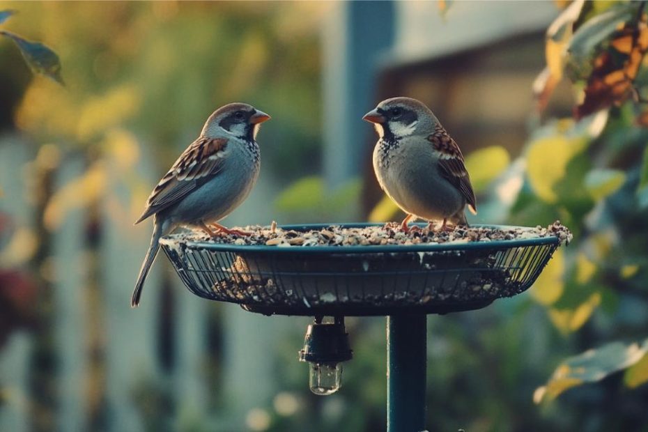 Two birds on a backyard bird feeder