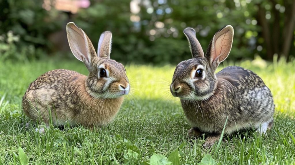 Two rabbits roaming the backyard