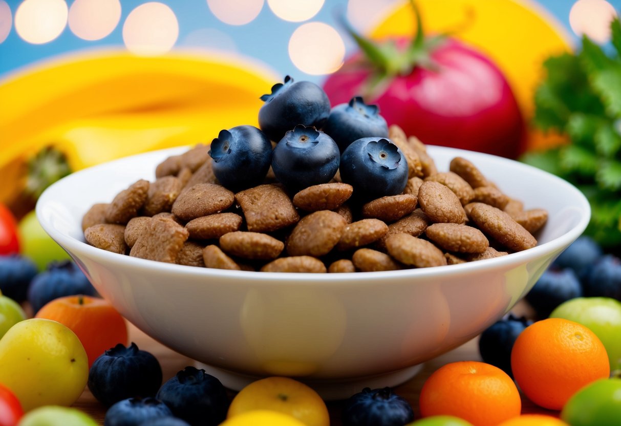 A bowl of kibble topped with a handful of fresh blueberries, surrounded by colorful fruits and vegetables