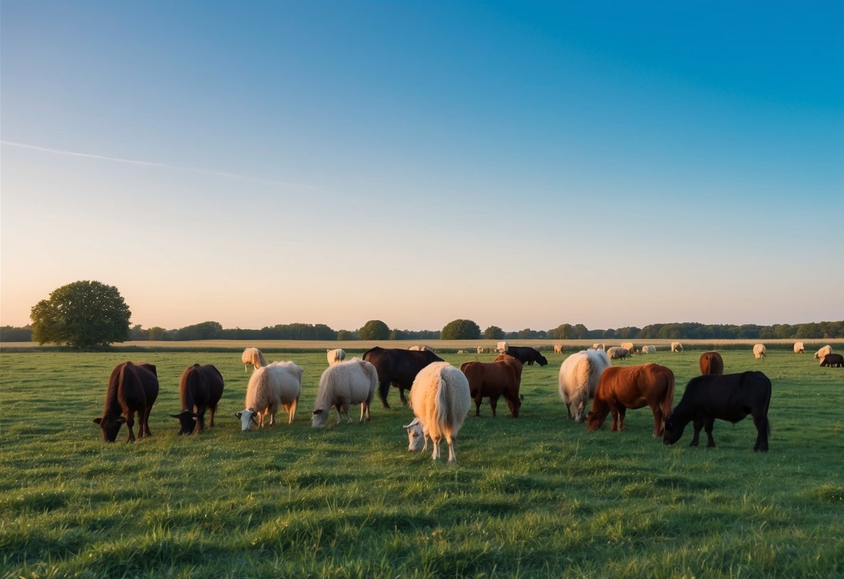 A serene pasture with content animals grazing freely, surrounded by open fields and clear blue skies