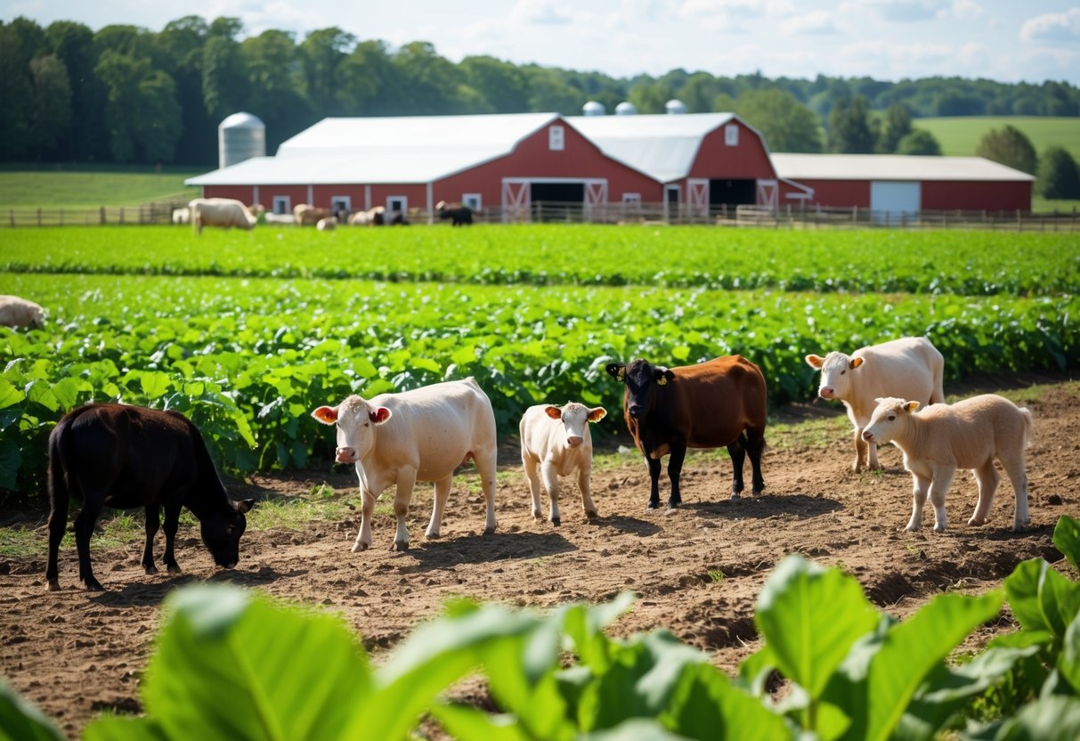 A lush green farm with free-roaming animals, clean and spacious living environments, and healthy, vibrant crops growing in the fields